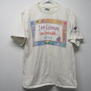 Vtg 90s Kathy Davis Designs I Am Woman I Am Invincible I Am Tired T Shirt sz L